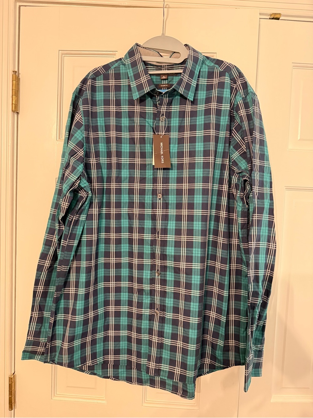 Michael Kors Men’s Teal/Green and Navy Plaid Button-Down Shirt - Classic Fit